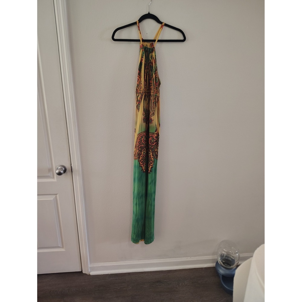 One World Live and Let Live Halter Maxi Dress Yellow Green Paisley Boho Womens L
